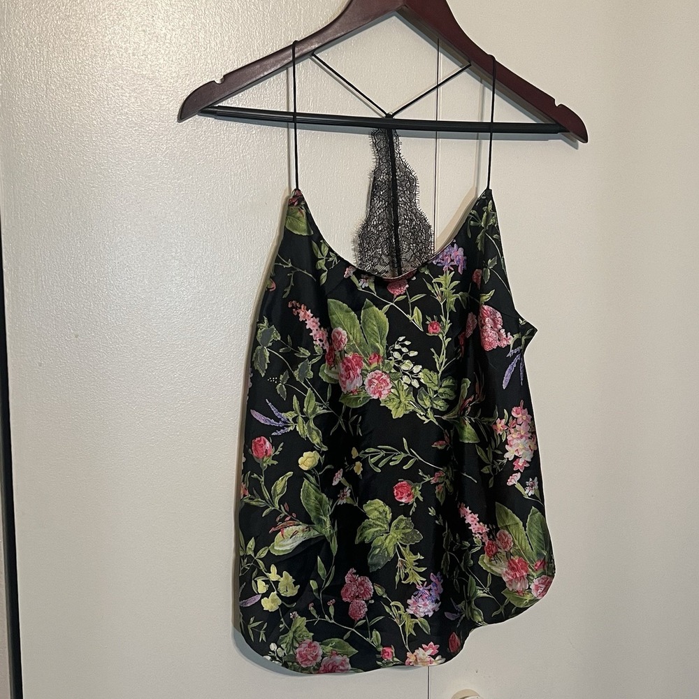 Victoria's Secret Black Floral Satin Lace Racerback‎ Lingerie Camisole Sz Medium